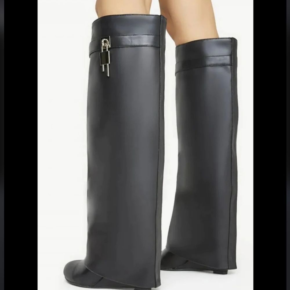 LEMONADE FAUX LEATHER PADLOCK FOLDED WEDGE HEEL SHARK KNEE HIGH LONG BOOTS